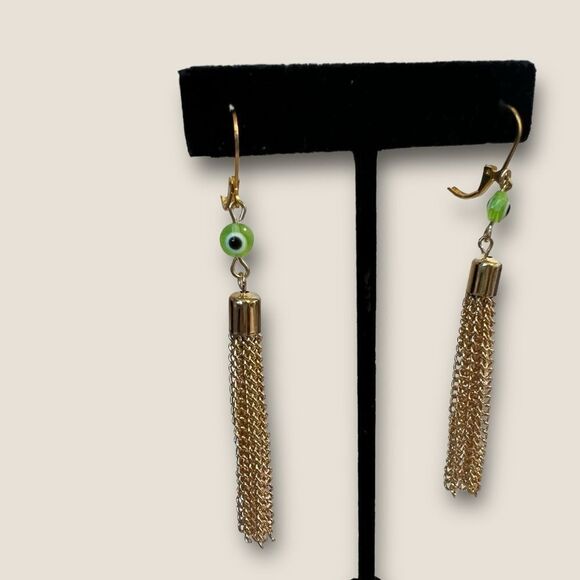 Lime Green evil eyes earrings gold plated chin design - Picture 2 of 3